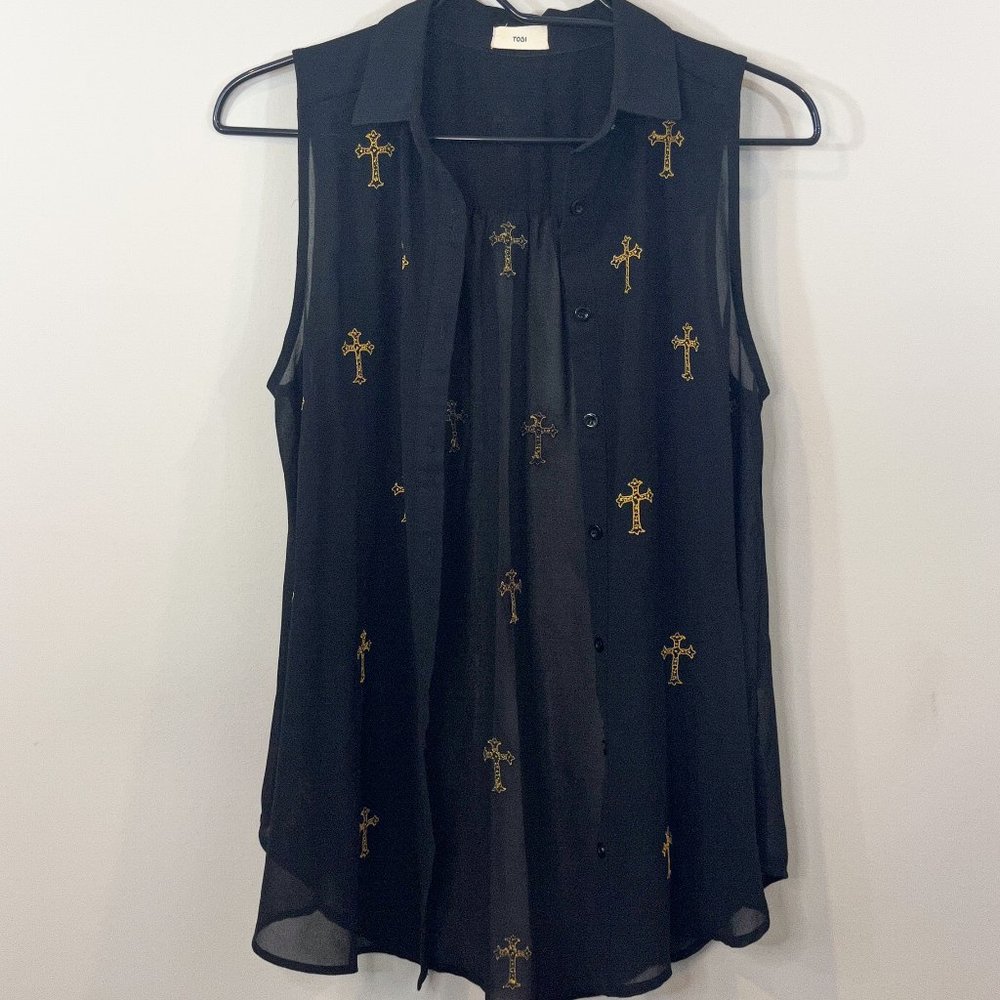 Black Sleeveless Blouse with Gold Crosses, Size S/M